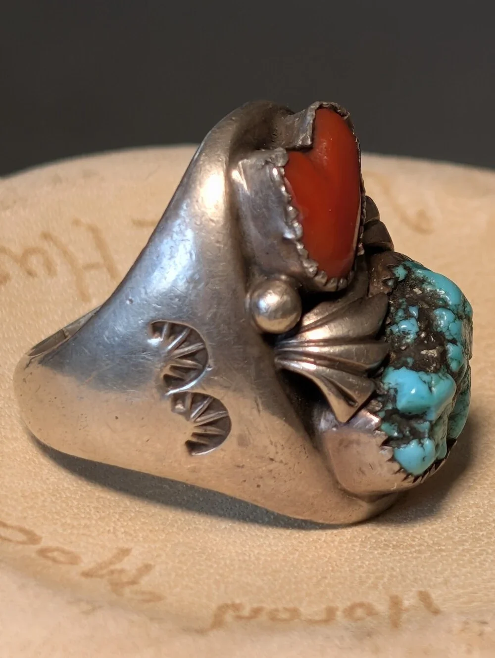 Vintage Navajo Sterling Turquoise Coral Ring Chunky 28g Signed Native American